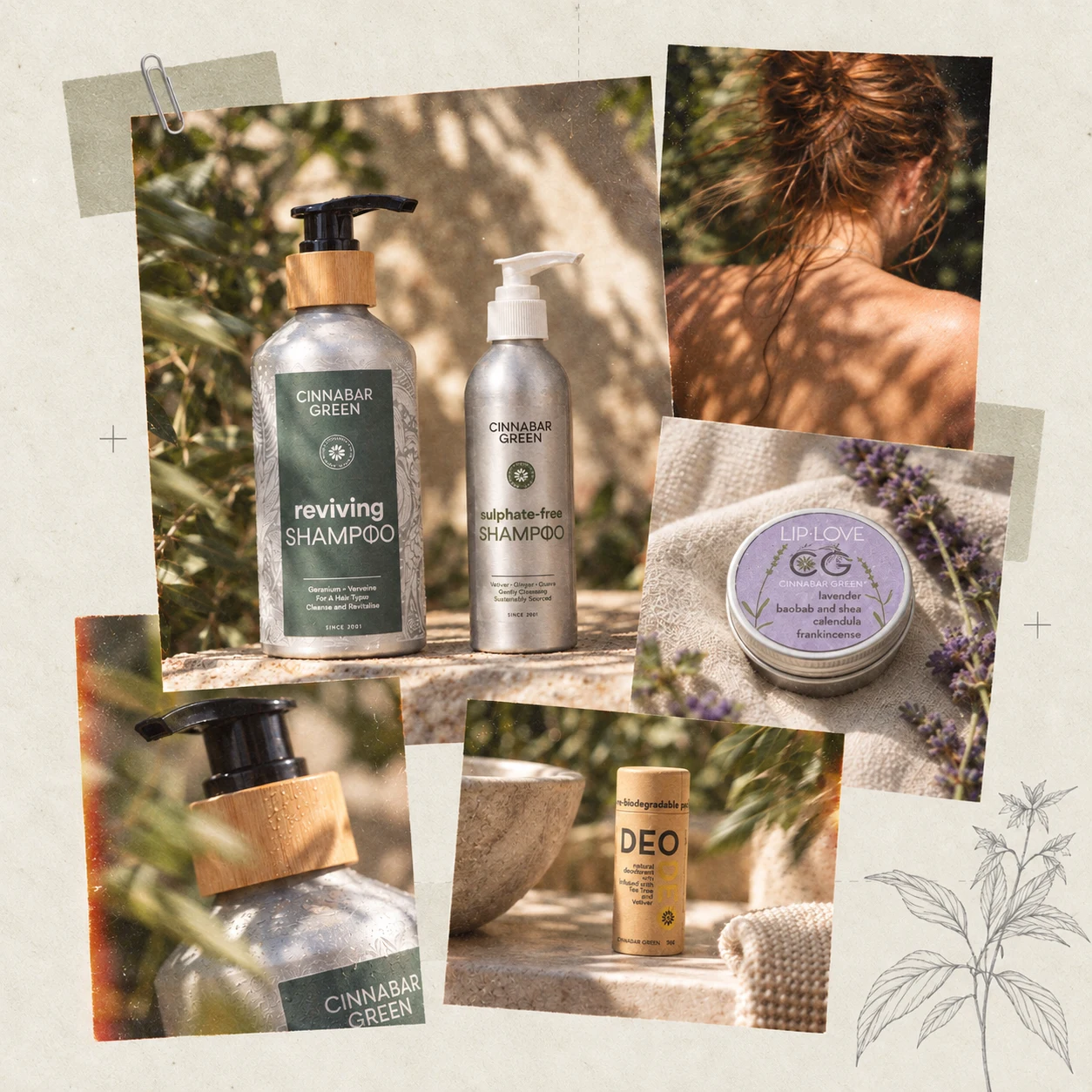 Cinnabar Green hair and body care collage