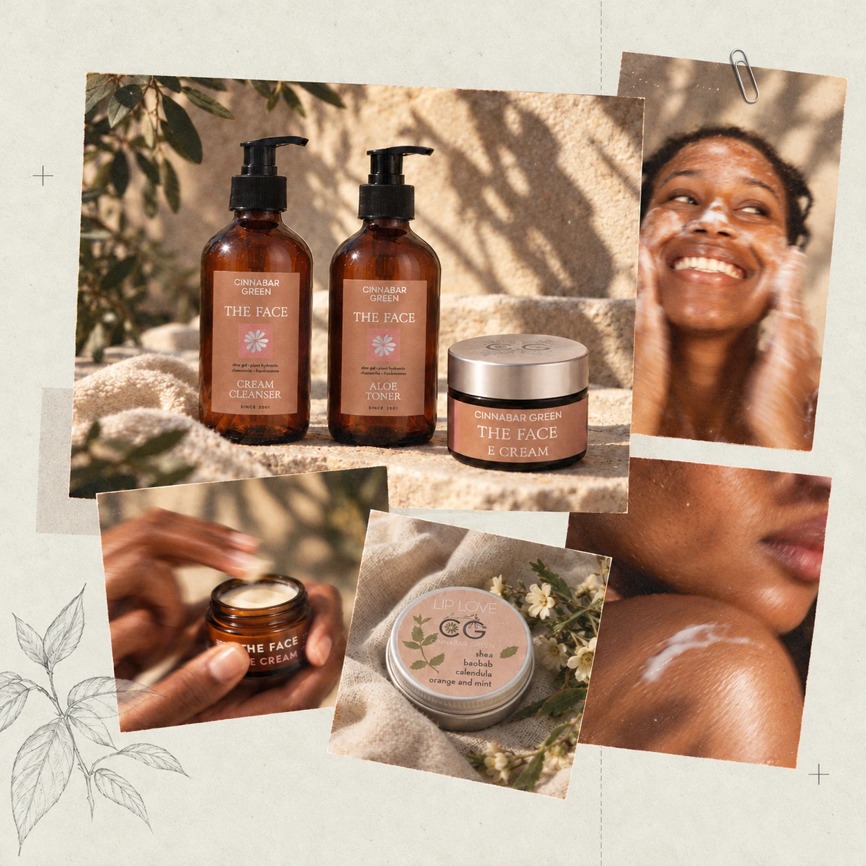 Cinnabar Green skincare collage